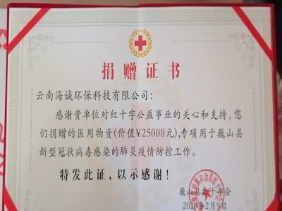 “云南省大理州巍山县红十字会”捐赠证书